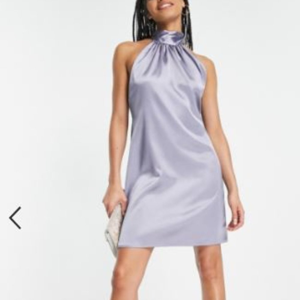 Flounce London satin halter neck mini dress in light blue